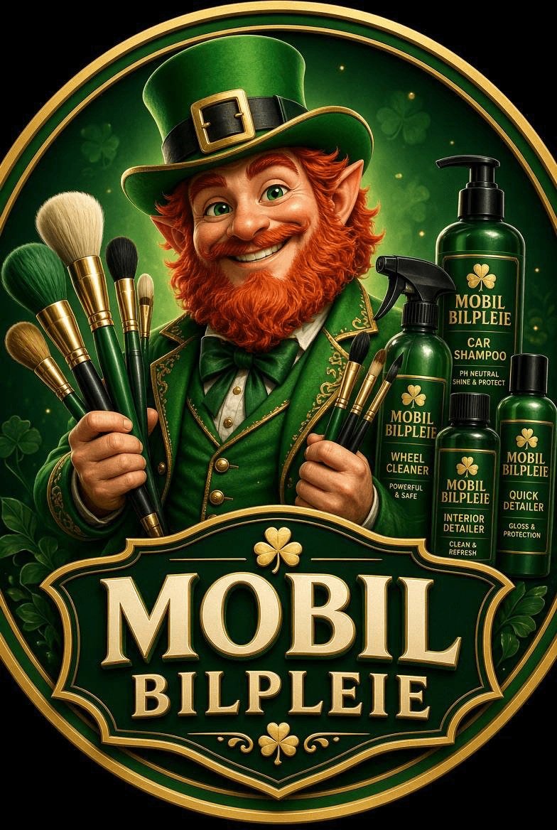 Mobil Bilpleies maskot: en smilende leprechaun i grønn dress med bilpleieprodukter og børster.